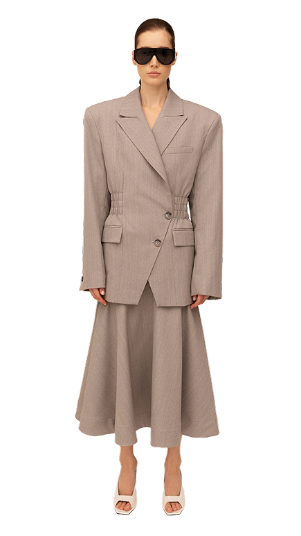 Look 1 – tuxedo jacket and skirt in melange grey wool