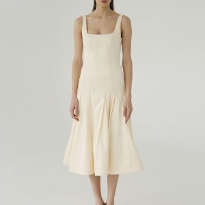 Pleated Midi Dress in Viscose / Butter Yellow