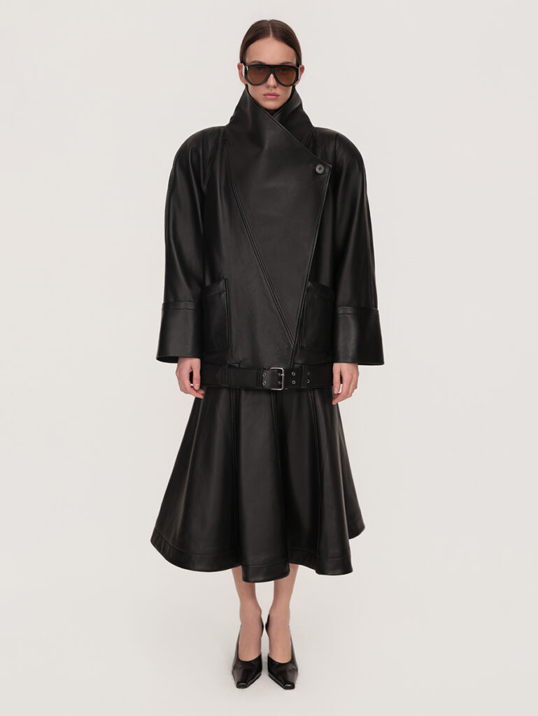 Asymmetric jacket and draped skirt