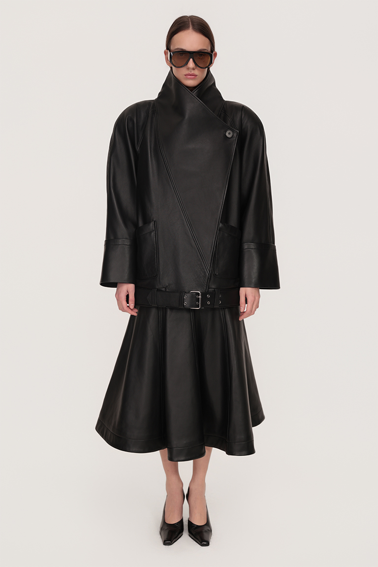 Asymmetric jacket and draped skirt