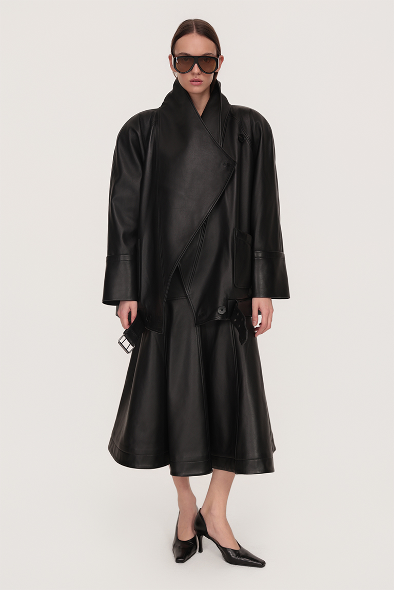 Asymmetric jacket and draped skirt