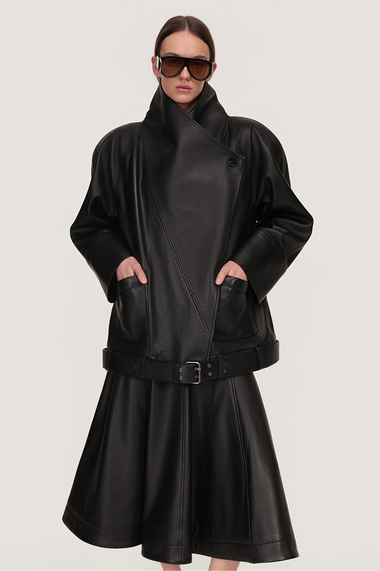 Asymmetric jacket and draped skirt